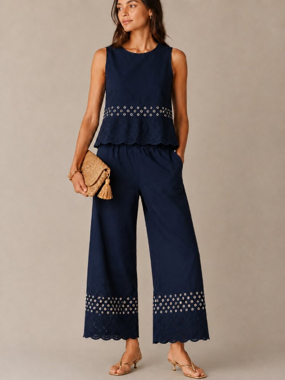 Ellen Tracy Linen Blend Eyelet Embroidered Matching Set Navy Blue XS NWT Resort